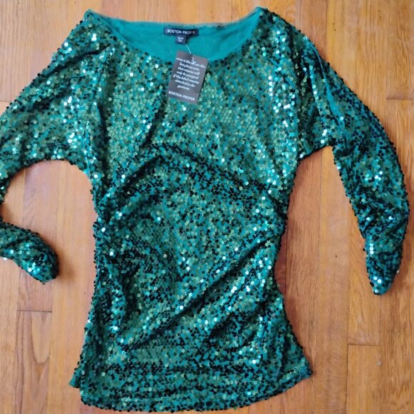 Boston Proper Women's Long Sleeve Cold Shoulder Top Green Sequins Ruched M - Picture 4 of 8